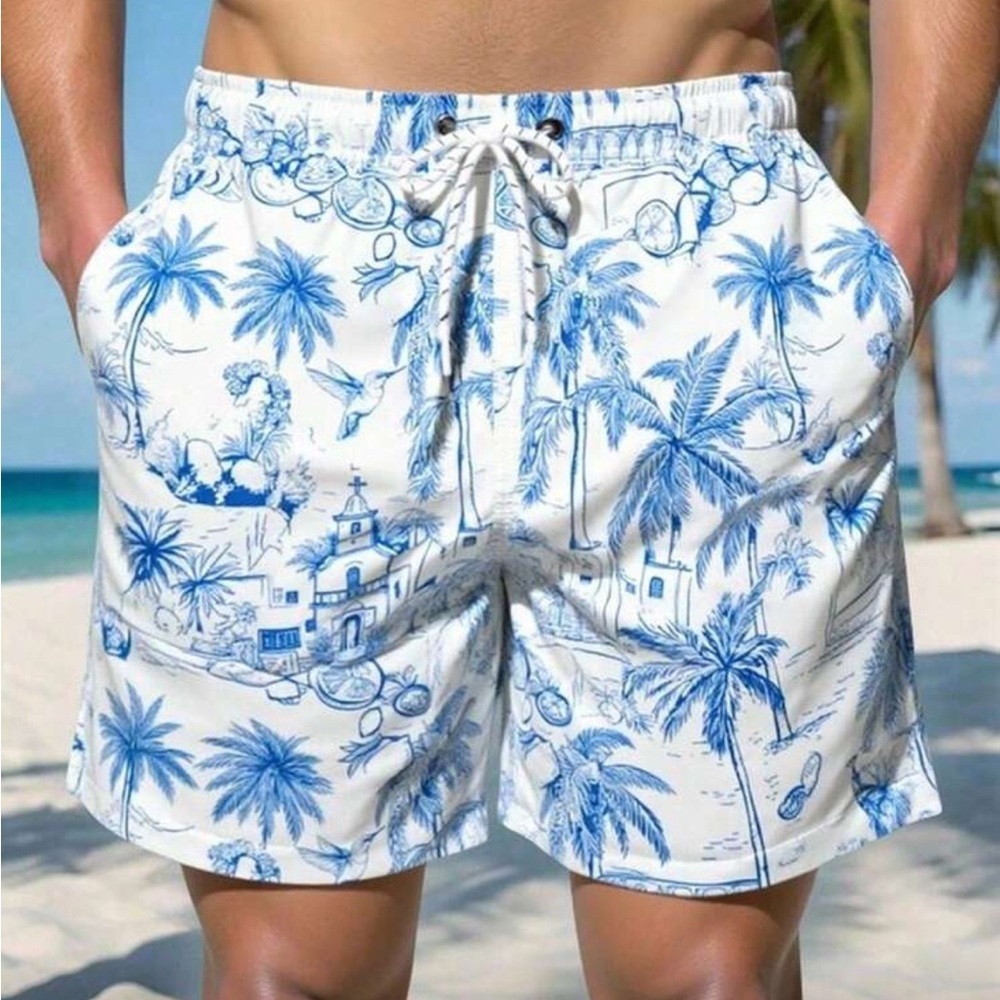 Blue and White Tropical Print Men's Swim Shorts
